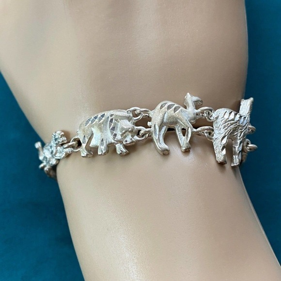 Vintage 925 Sterling Silver Animal Link Bracelet 7.5" - Picture 1 of 9